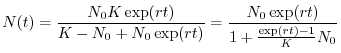 $\displaystyle N(t)=\frac{N_0 K \exp(rt)}{K-N_0+N_0\exp(rt)}=\frac{N_0\exp(rt)}{1+\frac{\exp(rt)-1}{K}N_0}
$