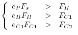 $\displaystyle \left\{
\begin{array}{lll}
e_P F_s &>& F_H \\
e_H F_H &>& F_{C1}\\
e_{C1}F_{C1} &>& F_{C2}\\
\end{array} \right.
$